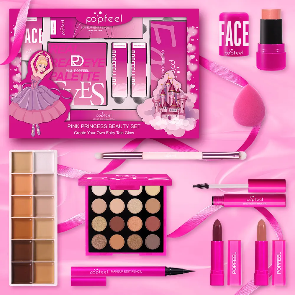 POPFEEL Różowy Zestaw do Makijażu Księżniczki - 8-częściowy Zestaw Kosmetyków na Prezent na Boże Narodzenie, Urodziny i Święta |   Zawiera cienie do powiek, szminkę