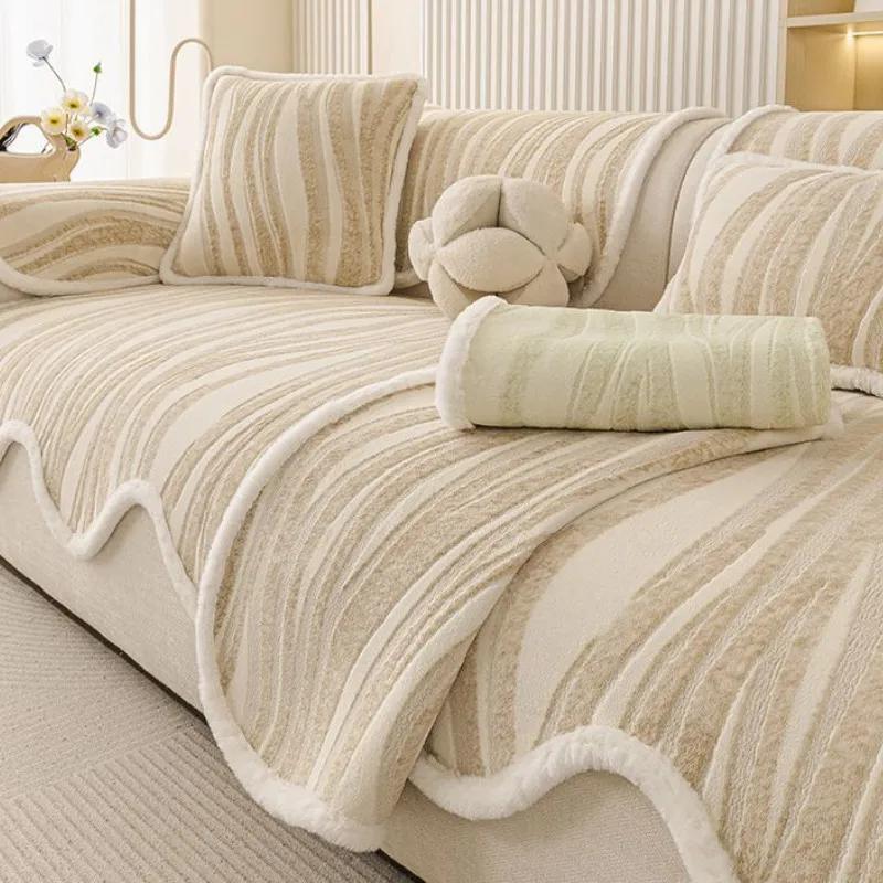 1Pcs Autumn Winter Thickened Plush Sofa Cushion Non-Slip Straight Row Sofa Seat Pad Cover Throw Blanket Home Decor