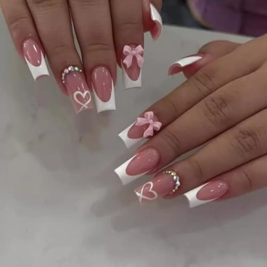 

Press on Nails Medium Coffin Pink with Bow Heart Design White French Tip False Nails for Women 24 Pcs