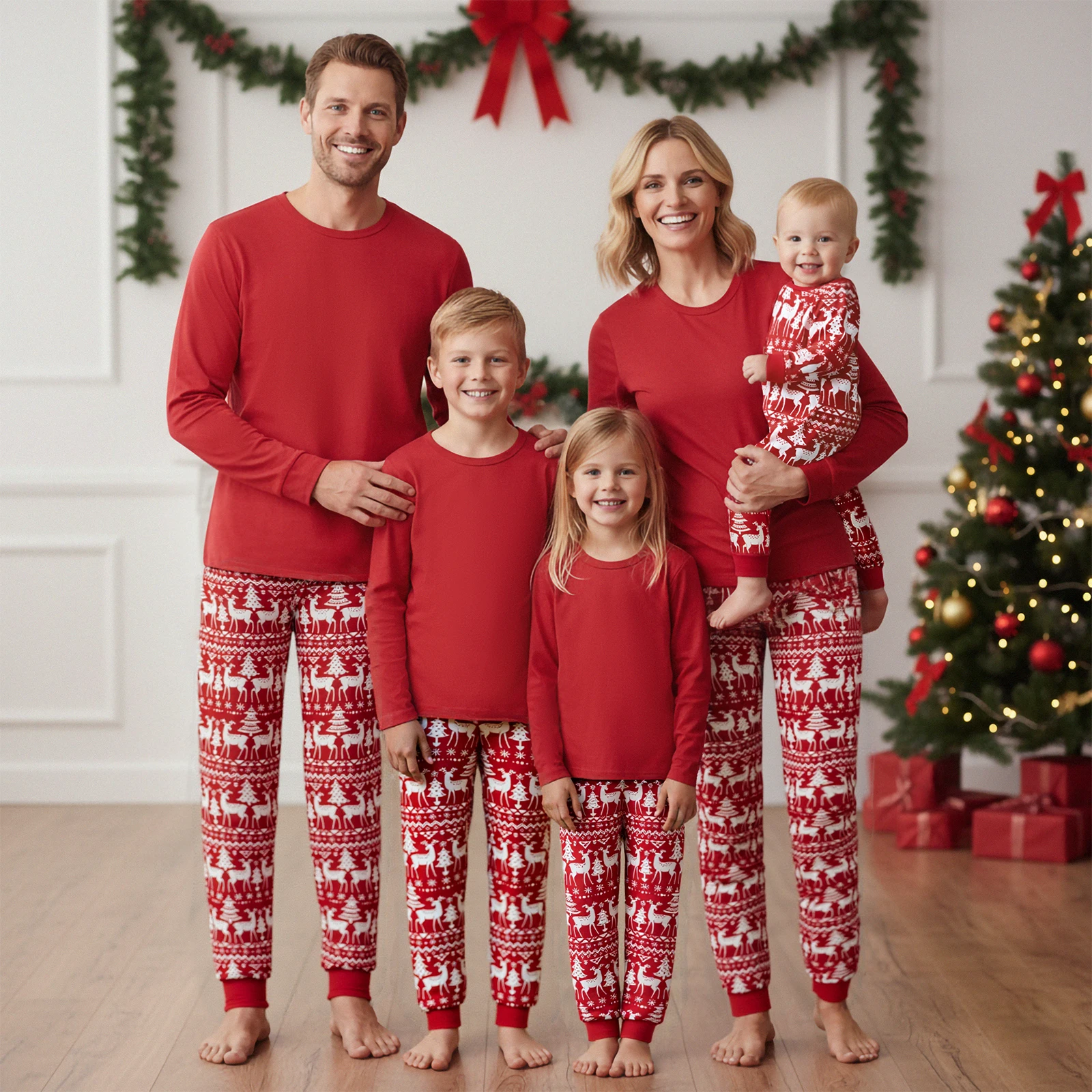 

Christmas Family Matching Pajamas Sets Reindeer Tree Print Long Sleeve Round Neck Tops and Pants Parent-Child Loungewear