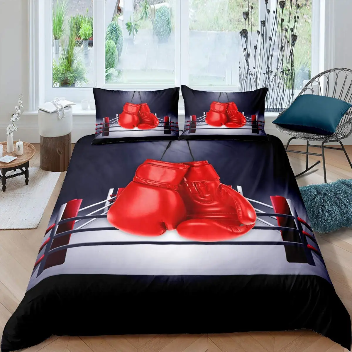 Boxing Duvet Cover Twin Queen,Sports Game Theme Bedding Set Boxing Gloves Quilt Cover,Athlete Silhouette Pattern Comforter Cover