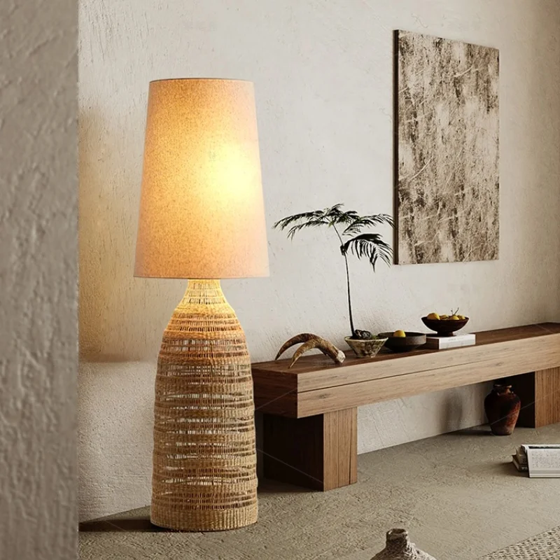 

Japanese Wabi Sabi Living Room Floor Lamp Antique Villa Lights Fabric Standing Lamp Bedroom Bedside Light LED Room Decoration