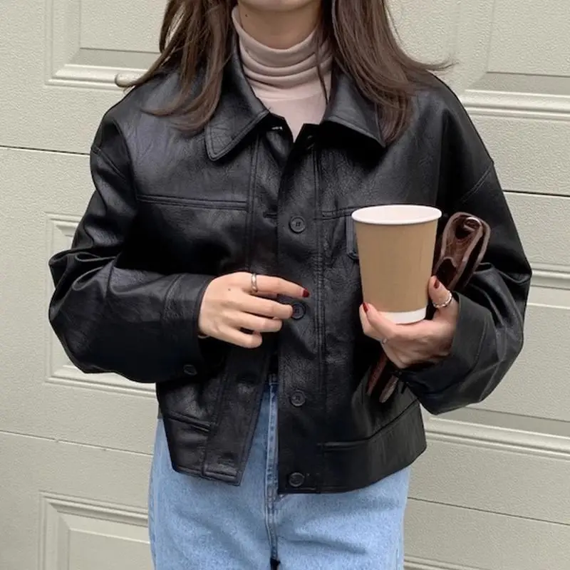 Classic Lapel Collar Pu Leather Jacket Women Outerwear Korean Chic Zipper Overcoat Retro Windbreaker Jackets Streetwear