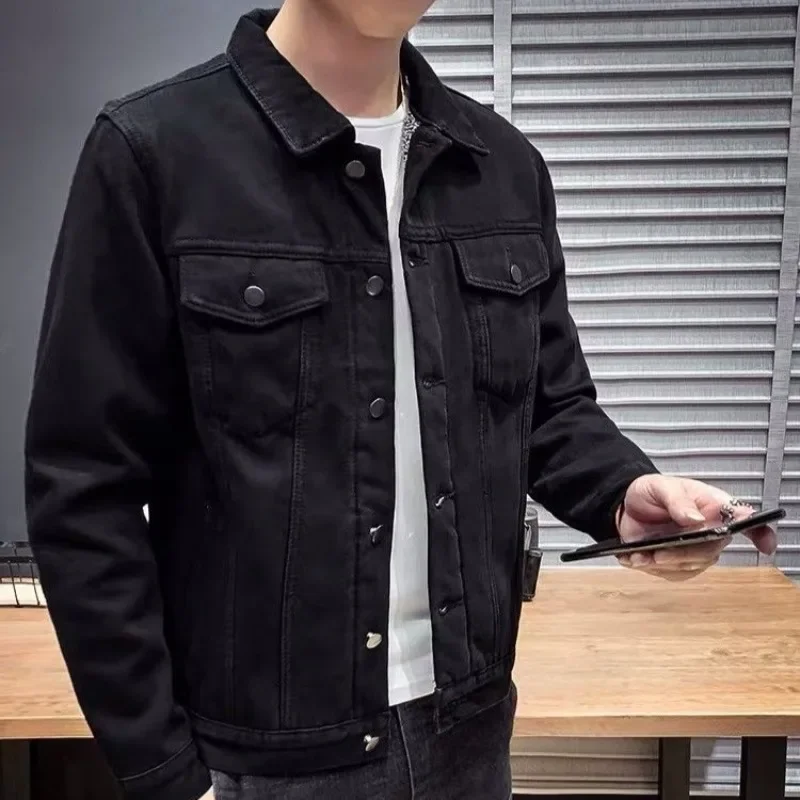 

Male Jean Coats Trendy Men's Denim Jacket Loose Winter Worn Lxury Korea Menswear Clothing Size L Low Price New In Joker Y2k