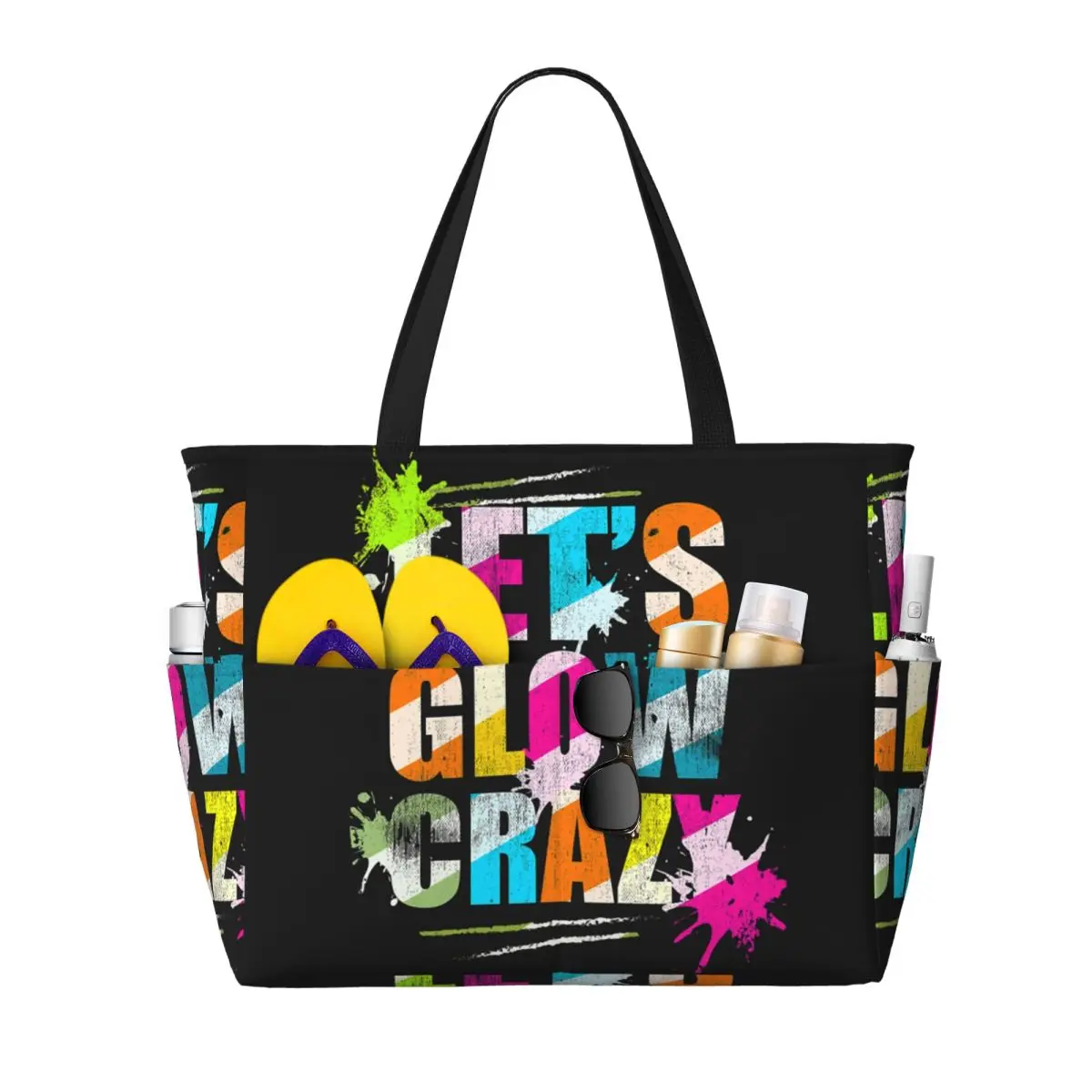 Let's Glow Crazy Neon Party Light Rave Beach Tote Bag Sport Gym Yoga Duffle Large Tote Bag Women Travel Bag Fitness bag