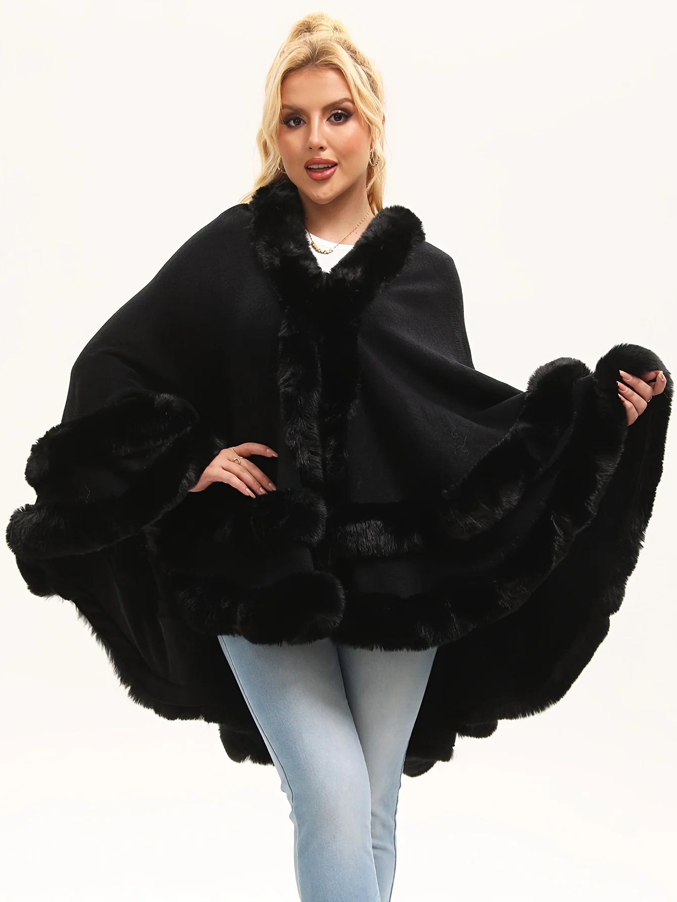 

Solid Color Cape Shawl Cardigan with Double-Layer Faux Fur Decoration Fashionable Acrylic Fabric Knitted Shawl Perfect