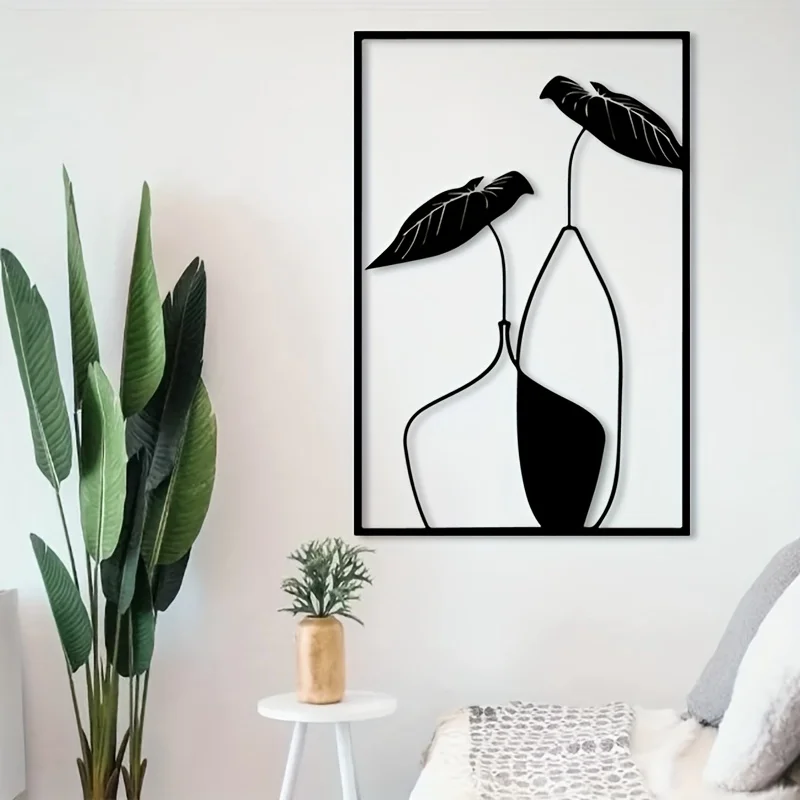 Brand Vase Leaves Metal Wall Art Rustproof Iron Statue Mural Decor Living Room Lounge Outdoor Art Enthusiasts