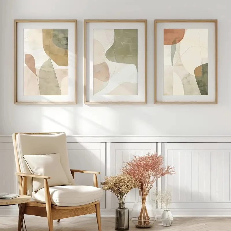 3pcs Modern Abstract, Simple, Neutral Pink and Green Line Canvas Poster Wall Art Living Room Office