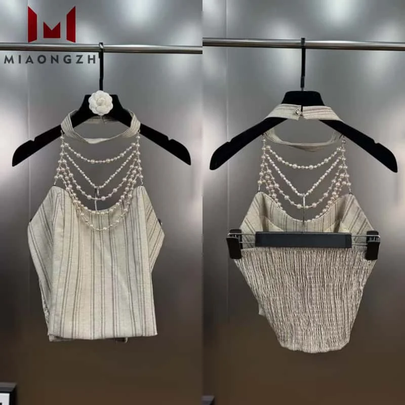 

Fashion New Sexy Beading Backless Irregular Vest For Women Halter Sleeveless Striped Temperament Casual Ladies Tops Streetwear