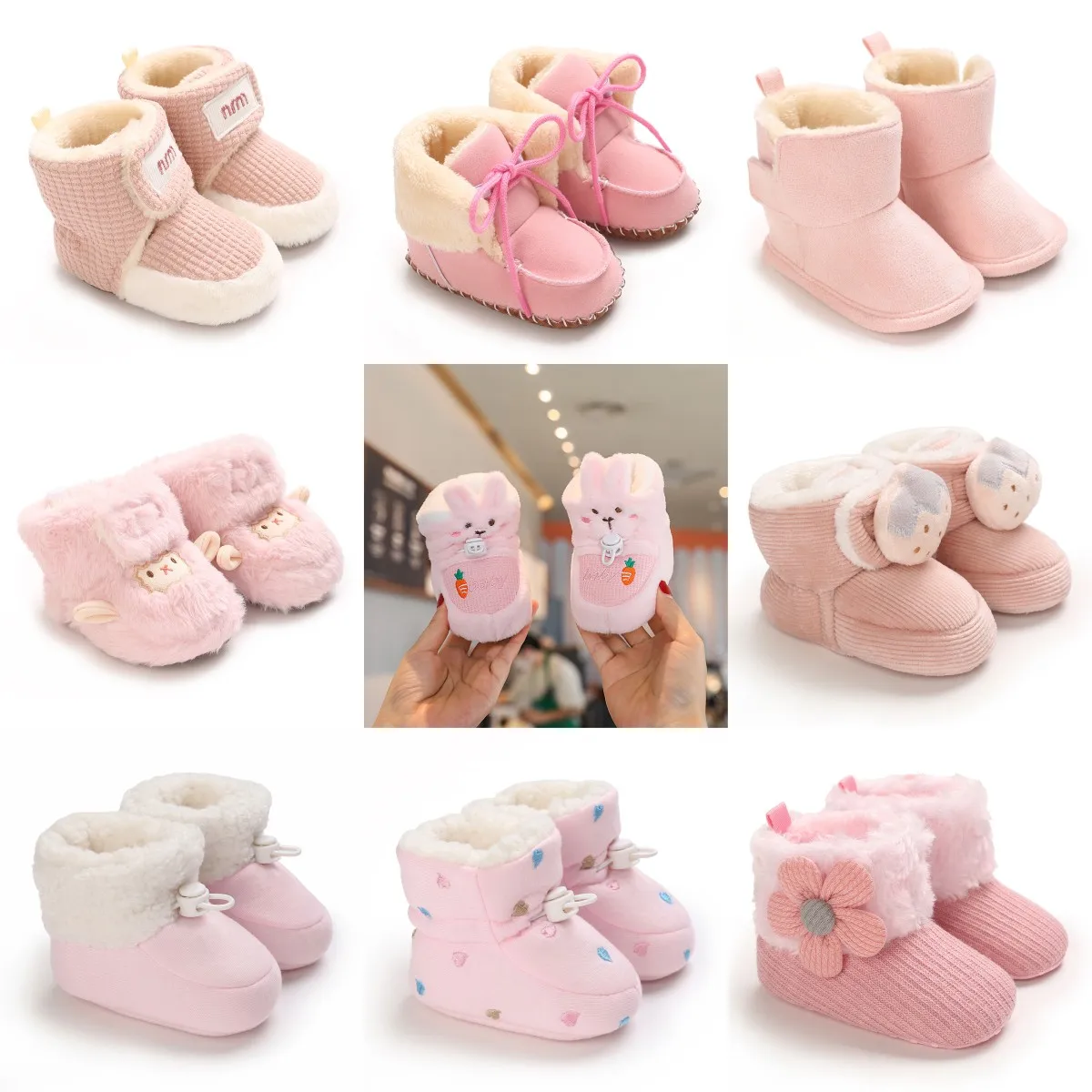 Winter baby girl's thick snow boots with plush cute pink furry cotton shoes 0-1Year warm non slip comfortable baby walking shoes