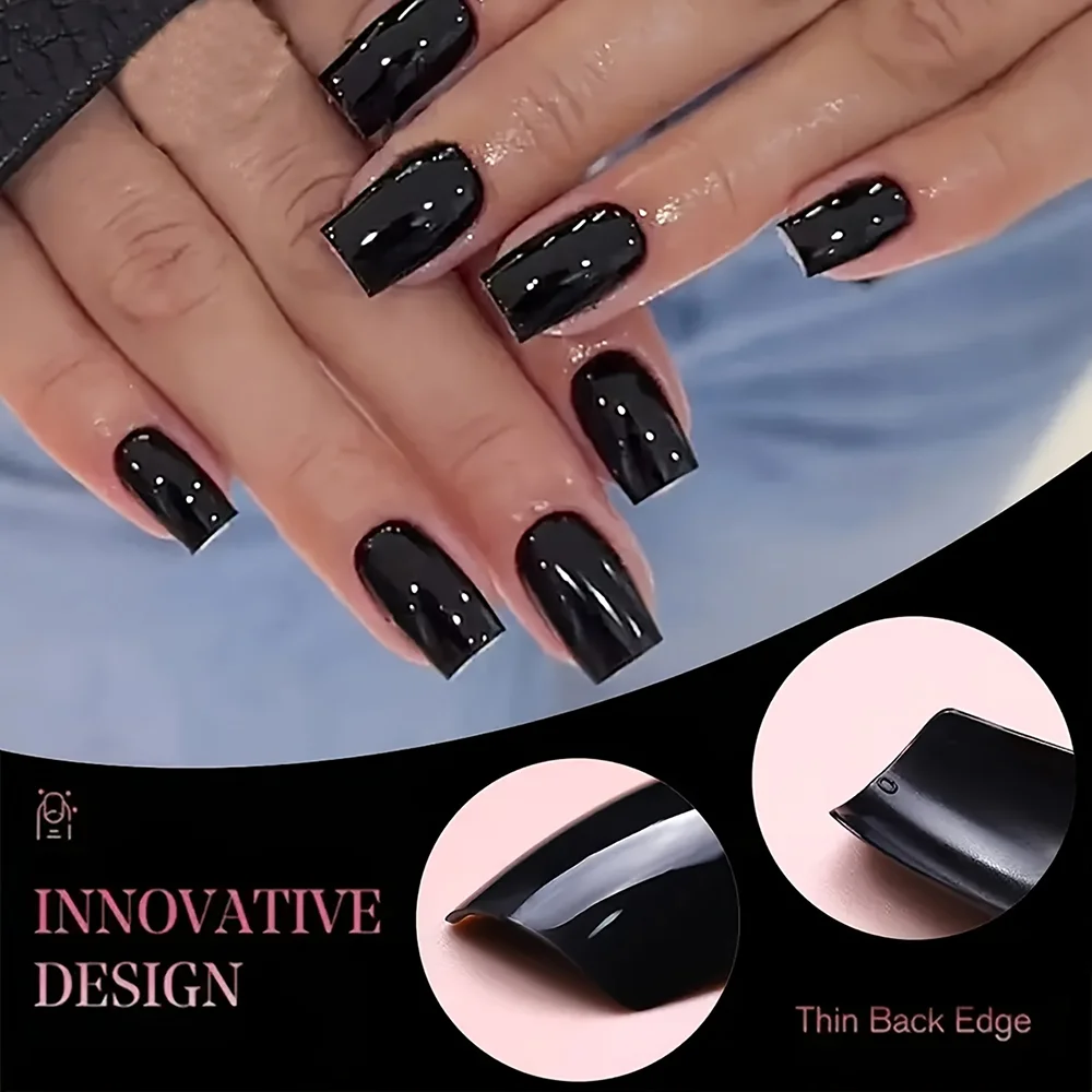 120Pcs Glossy Black Medium Square Fake Nails 12 Sizes Full Cover Press On Nail Solid False Fingertips for Women Daily Manicure