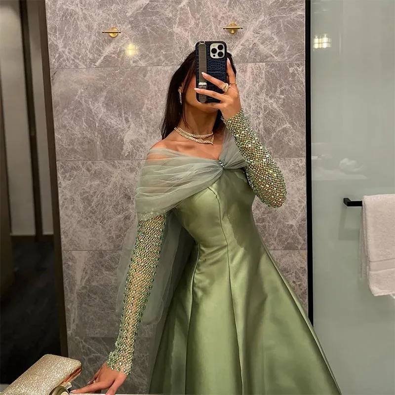 Luxury Mint Green Crystal Dubai Evening Dresses Off The Shoulder Long Sleeve Bow Back Muslim Prom Formal Gowns 2024 Feast