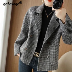Women Clothing Vintage Plaid Double-sided Woolen Coat Autumn Winter Ladies Elegant Chic Jacket Notched Collar Loose Outerwears