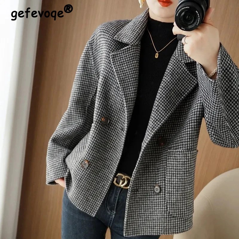 Women Clothing Vintage Plaid Double-sided Woolen Coat Autumn Winter Ladies Elegant Chic Jacket Notched Collar Loose Outerwears