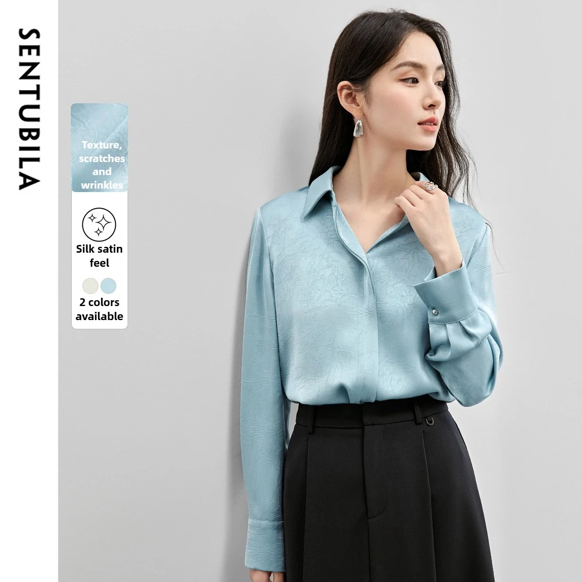 

SENTUBILA Women's Faux Satin Shirt 2026 Autumn Commute Solid Blouses V Collar Long Sleeve Elegant Female Clothing 151C57958
