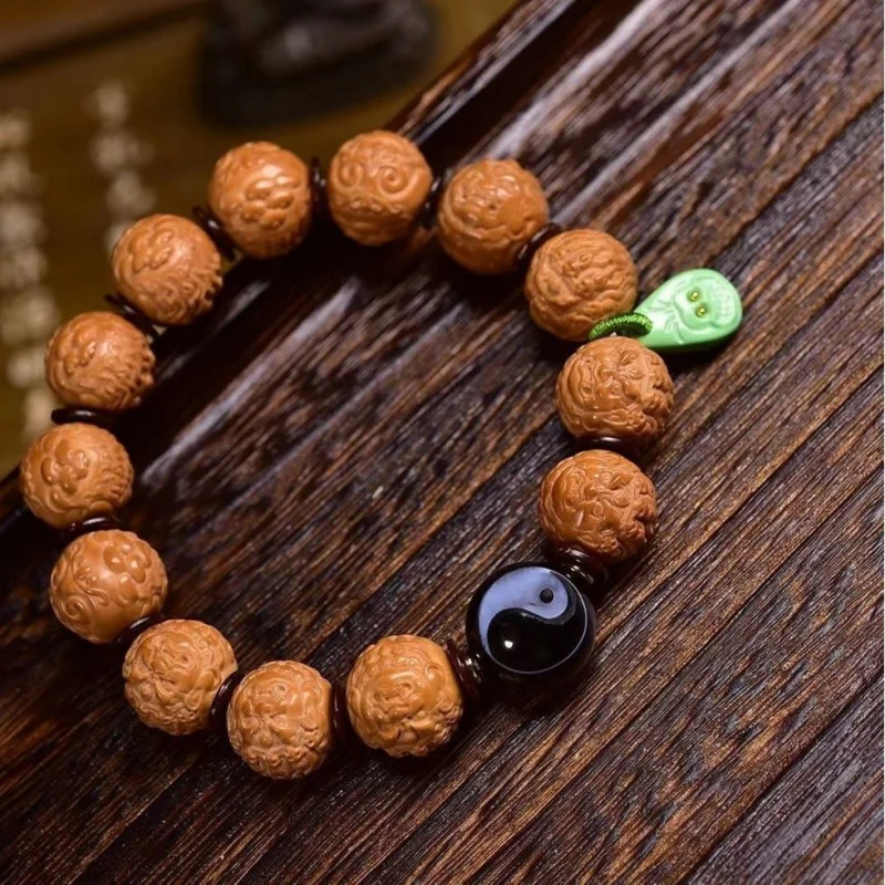 Original raw leather and natural color carved monkey head Bodhi bead bracelet - Dahaikian