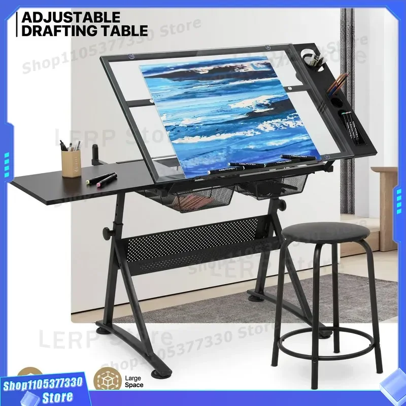 Adjustable Height Painting Table with Tempered Glass Top and Sub Plate Drawing Board for Artist Designer Workbench Easel Desk