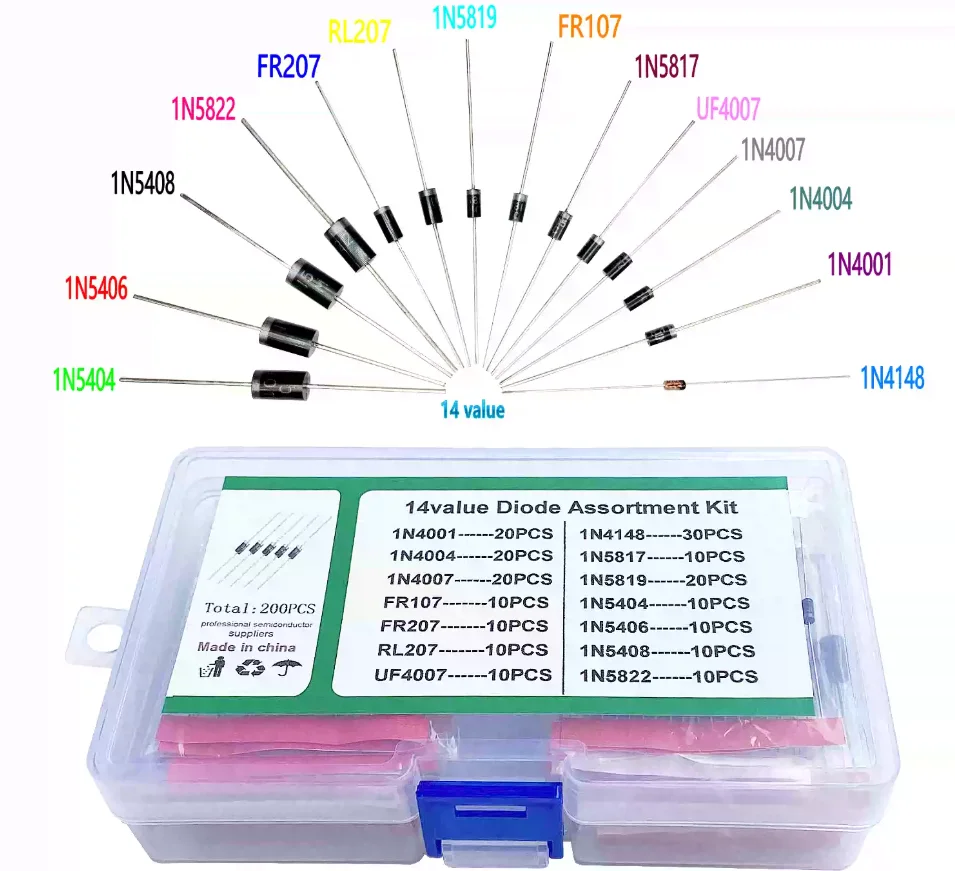 200PCS(14Values) 1N4001 IN4004 4007 FR107 FR207 RL207 UF4007 1N4148 1N5817 1N5819 Schottky Diode Kit Box 1N5404 5406 5408 5822