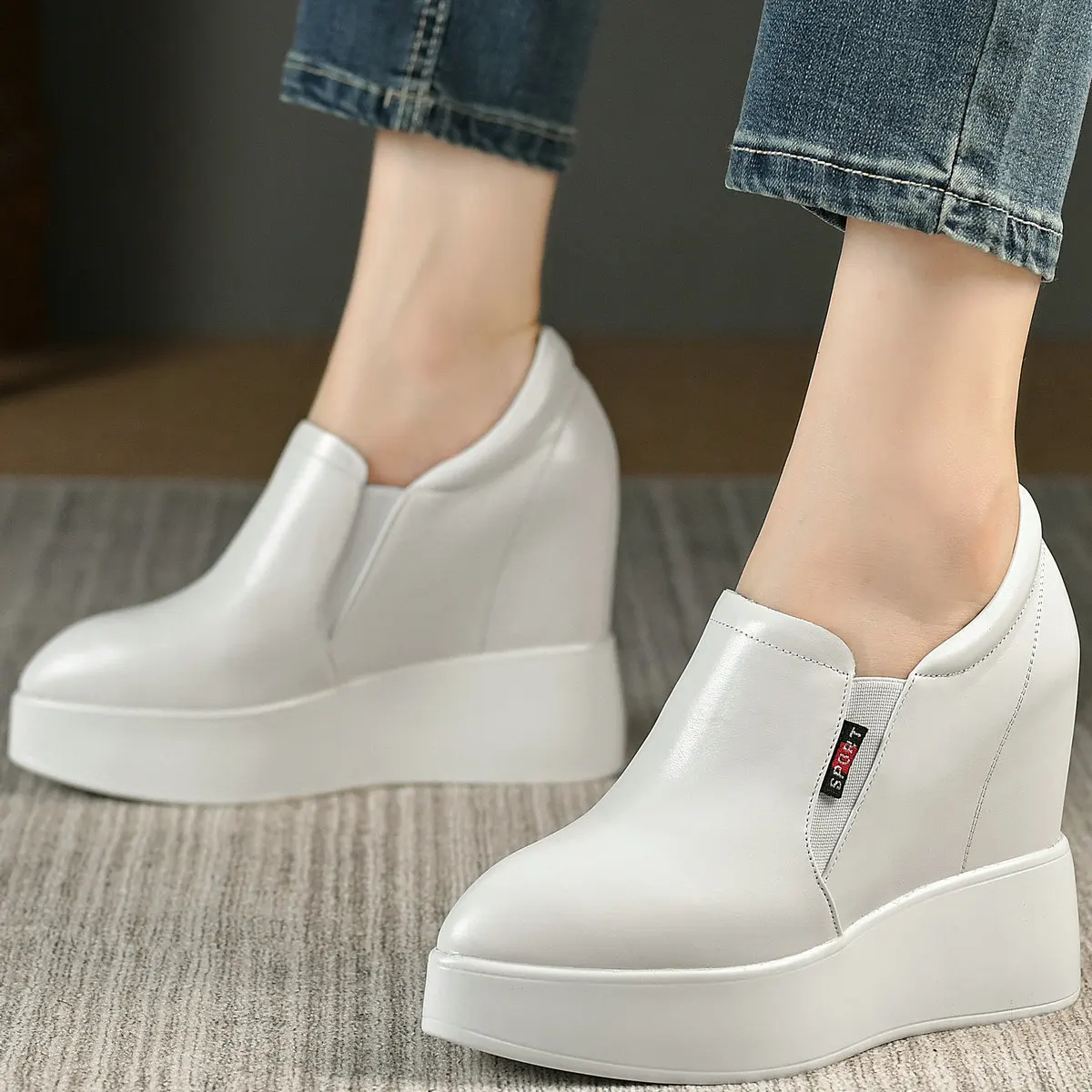 Wedges Pumps Shoes Women Slip On Genuine Leather High Heel Platform Ankle Boots Female Pointed Toe Fashion Sneakers Casual Shoes