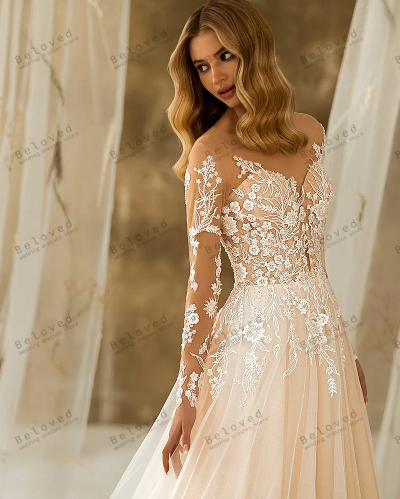 Abiti da sposa graziosi abiti da sposa Vintage Appliques di pizzo abiti a maniche lunghe per abiti da cerimonia Illusion Vestidos De Novia 2024