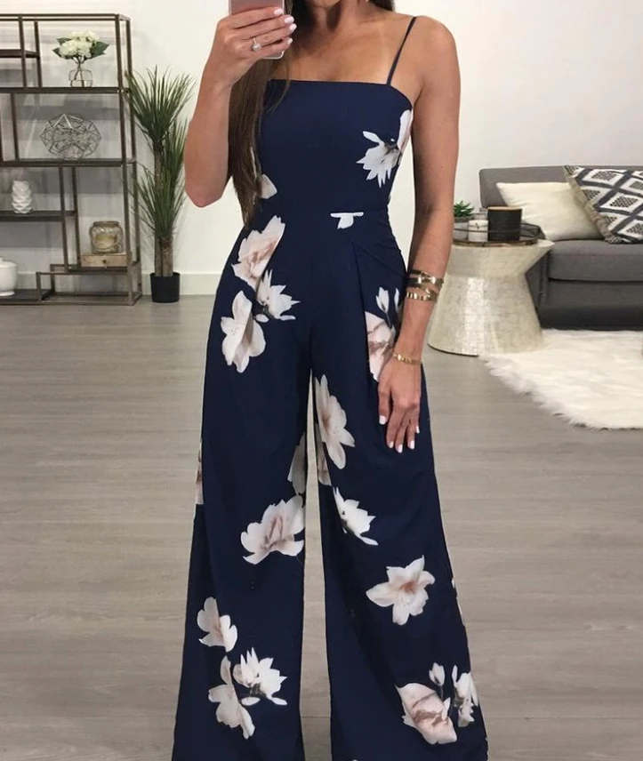 

Women's Floral Print Wide-Leg Jumpsuit Spaghetti Strap Bandeau Neckline Open Back with Tie Detail Jumpsuit