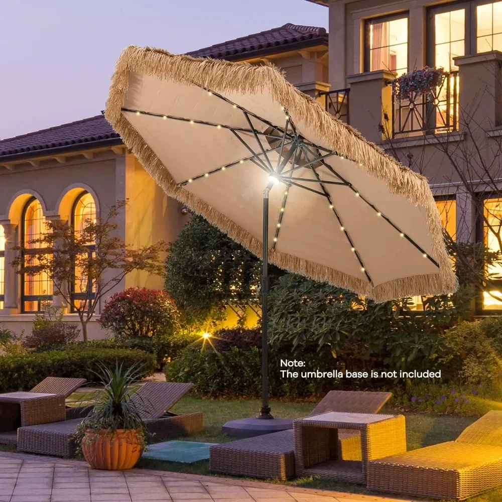 3 Meter Lange Parasol Met Rieten Patio, Strandparasol In Hawaiiaanse Stijl Met 32 Led-Verlichting, 8 Botten, Kantelafstelling, Paraplu 'S Voor Zwembadfeestjes