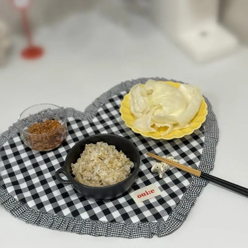 Placemats Dining Table Korean Plaid Red Blue Heart-shaped Placemat Water Cup Mat Cute Pleated Lace Mat Fabric Coaster Dining Mat