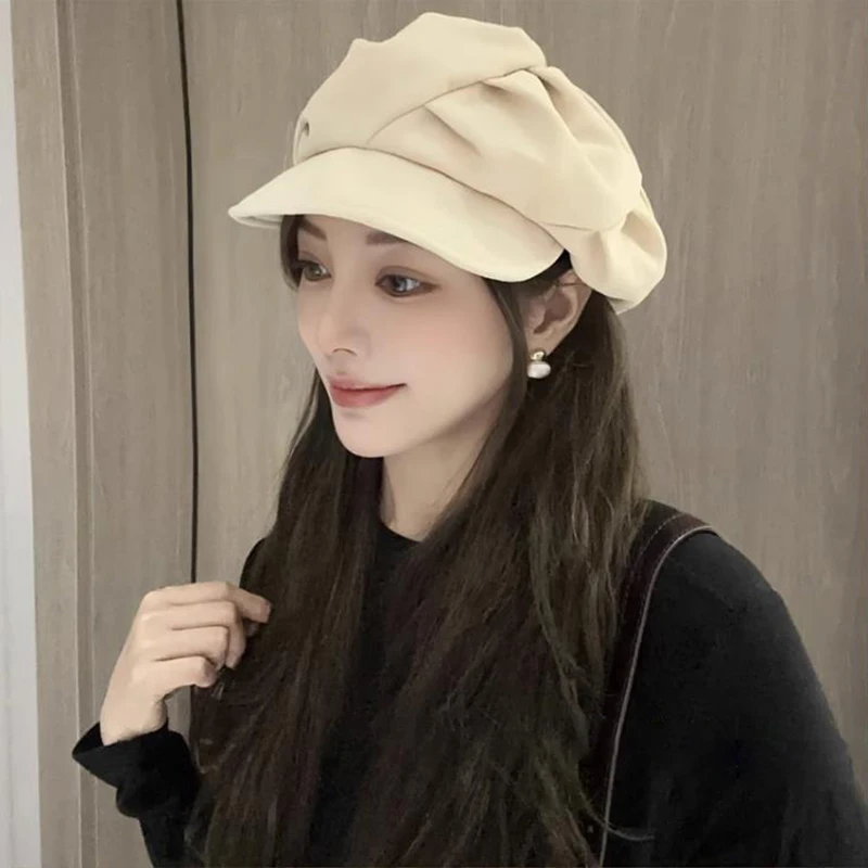 Fashion Cloud Beret Big Head Circumference Women Splicing Octagonal Berets Niche Painter Hats British Style Solid Small Face Cap image 4
