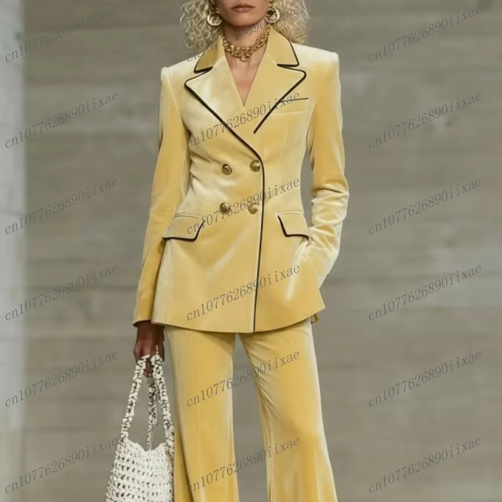 

Yellow Velvet White Collar Women Suits Lady Business Tuxedos Mother Wedding Party Formal Ladies 2 Piece Set Jacket Pants
