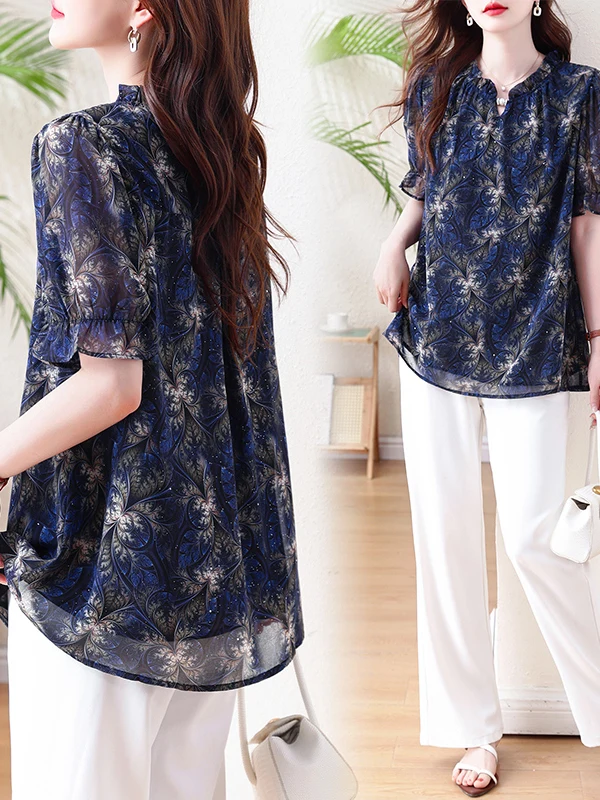 French Style Loose Fit Floral Print Half Sleeve T-Shirt Women's Summer Casual Top Brand Tailored Goods M Size