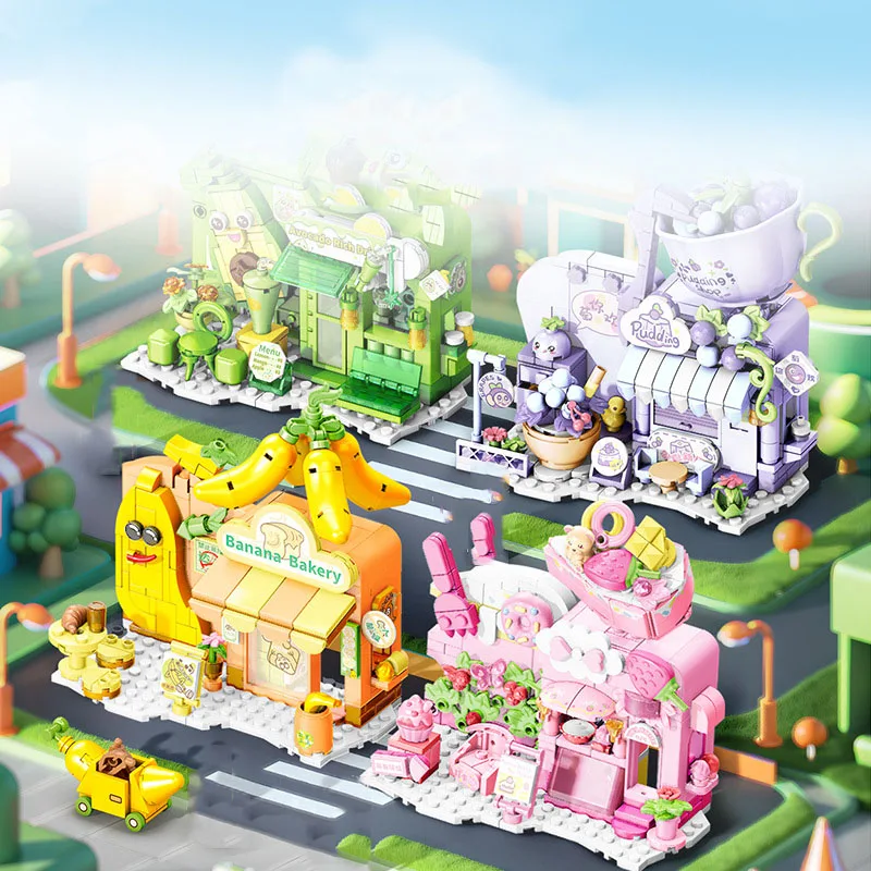 

City Street View Fruit Dessert Shop Build Block Banana Bakery Strawberry Cake Avocado Drink Grape Pudding Figures Bricks Toys