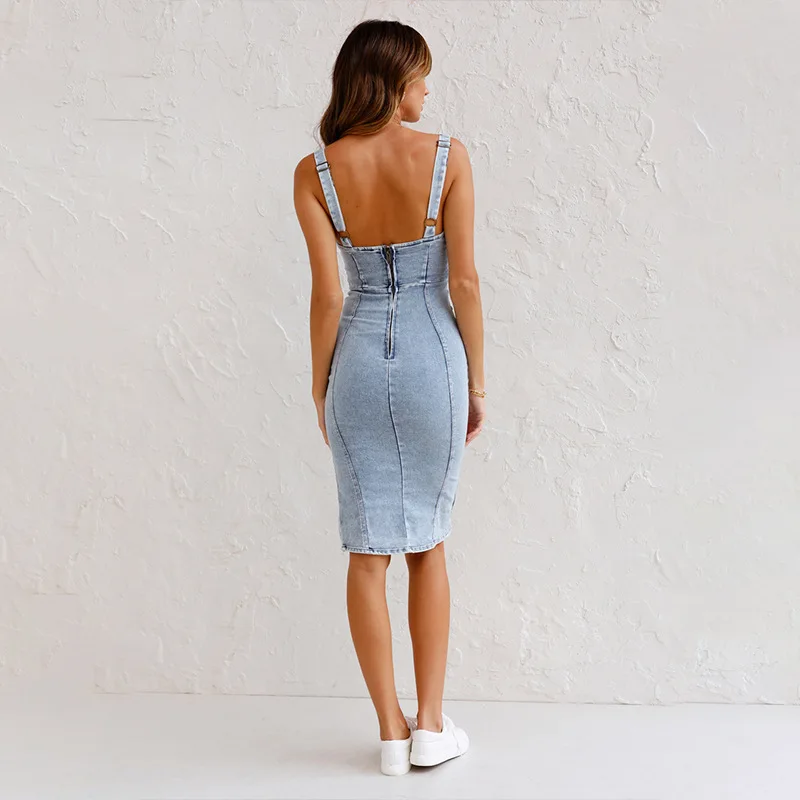 Robe fendue dos nu pour femme, robe en denim éducative, confortable, écharpe classique, streetwear décontracté, batterie, sexy, été