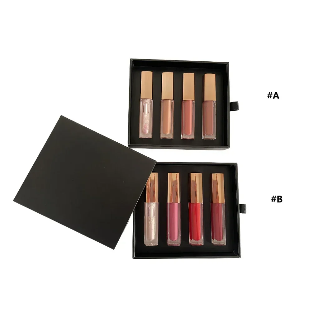 4-color Lip Gloss Kit Custom Logo Long Lasting Private Label Glossy Matte Non-stick Lips Makeup Wholesale Gold Lid Cruelty Free