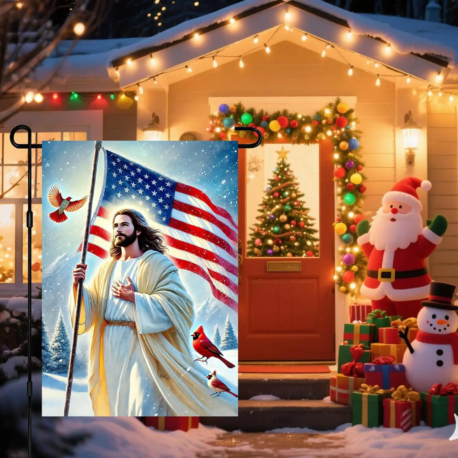 BlissYard Patriotic Winter Garden Flag 12x18 Inch Reverent Robed Figure Holding American Flag Snowy Mountain Cardinal Scene  llz