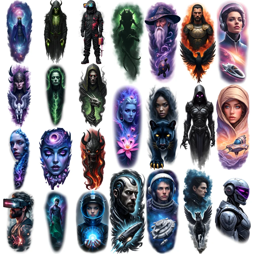 

9pcs Temporary Tattoo Colorful Realism Guardian Angel Astronaut Warrior Woman For Adult Shoulders Back