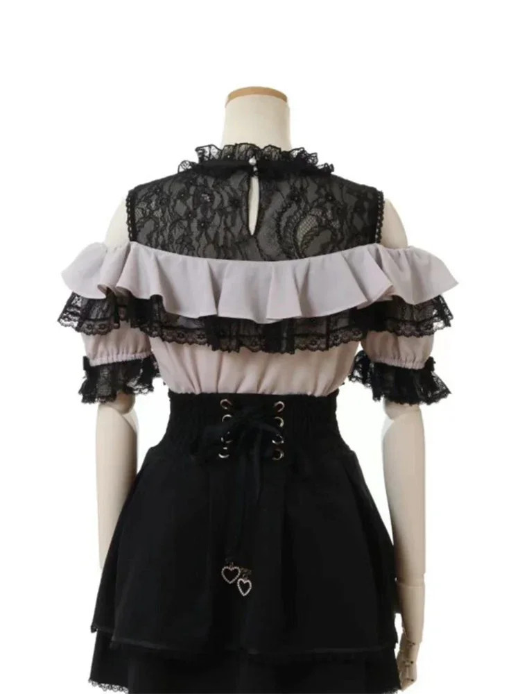 Japanese Mine Mass-Produced Sweet Girls Short Sleeve Blouse Tops Summer Rhinestone Bow Lolita Liz Womens Lace Off-Shoulder Shirt