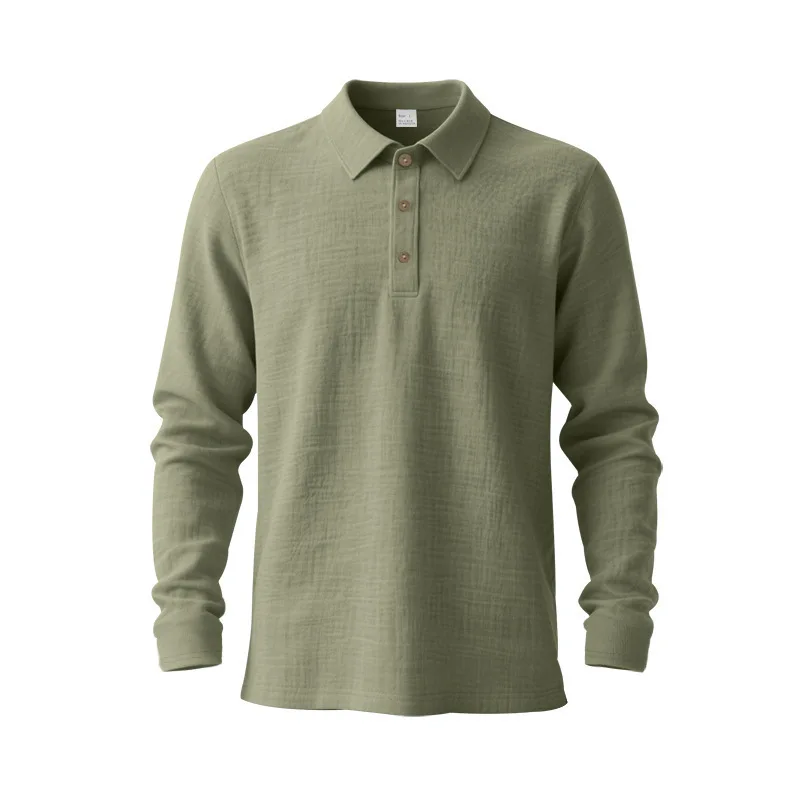 Leinen-Hemd mit Stehkragen und Knopfleiste, Herren Locker Sitzendes Atmungsaktives V-Ausschnitt Langarm-Polohemd – Detail 35