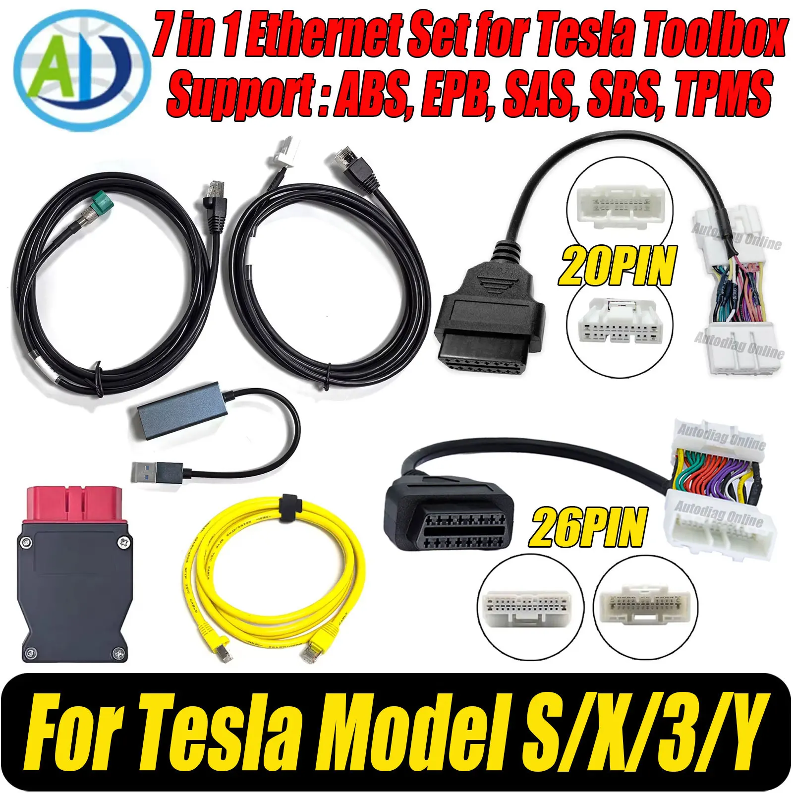 Ethernet Cable for Tesla Model 3/Y/X/S 1013230-00-A/1137658-00-C for Tesla Toolbox ENET Diagnostic Adapter 26Pin 20Pin to OBD2