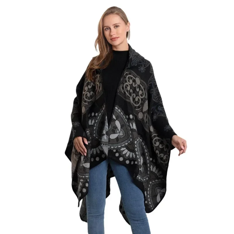 ヨーロッパとアメリカのストリートトレンドセッターポンチョ秋冬レディース特大プリントケープコートファッションレディース暖かいマントショール