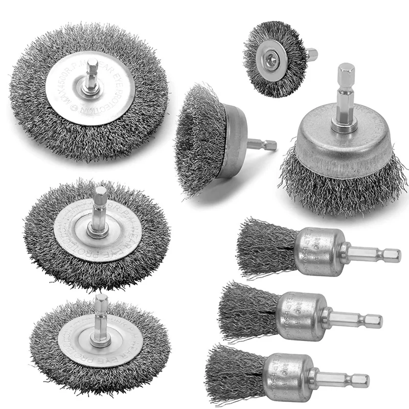 9PC Coarse Crimped Wire Wheel Cup Pen Brush Set For Drill,Carbon Steel Wire Brush With Hex Shank For Removing Paint