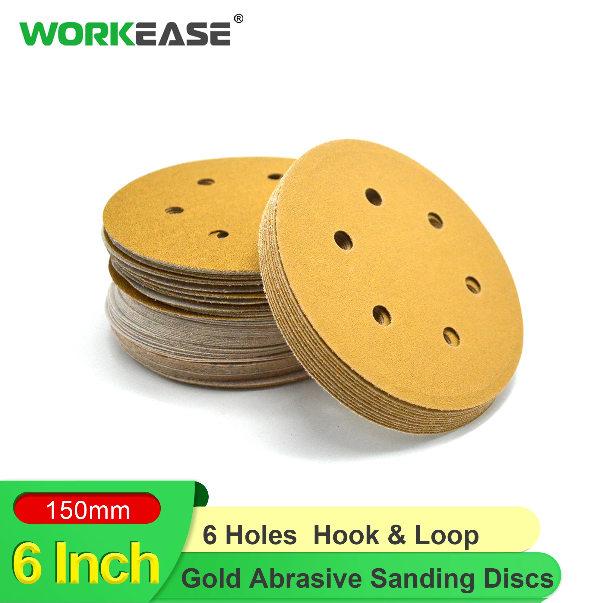 6 Inch Gold Sandpaper Discs 6 Hole Dust Free Anti Backing Hook & Loop Abrasive Sanding Discs for DA Random Orbital Sander