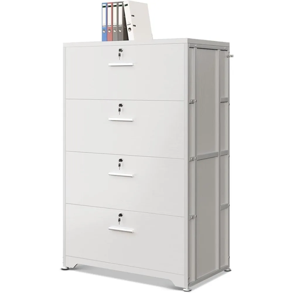 

Office Storage Cabinet 4 Drawer for Legal/Letter/A4 File White Narrow and Chest of Drawers With Wheels Filing Cabinets Lock 52"