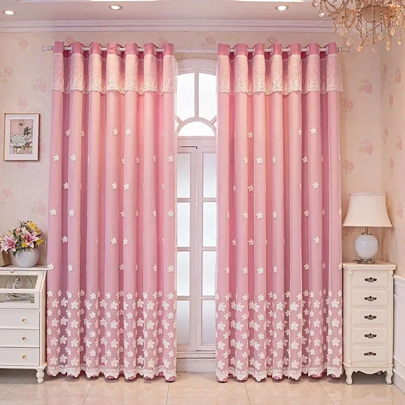 Modern Korean Style Double Layer Curtain Embroidered Sheer Curtain with Valance for Living Room Bedroom