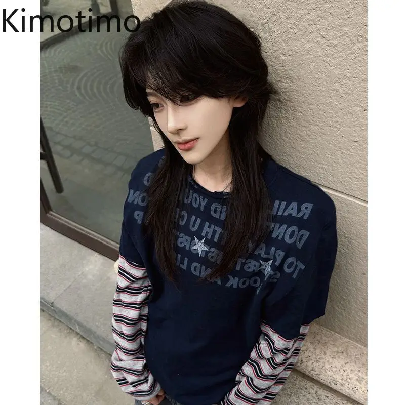 Kimotimo American Retro Striped Patchwork Fake Two Piece Long Sleeve T-shirt Women Fashion Star Letter Print Casual Top Punk Tee
