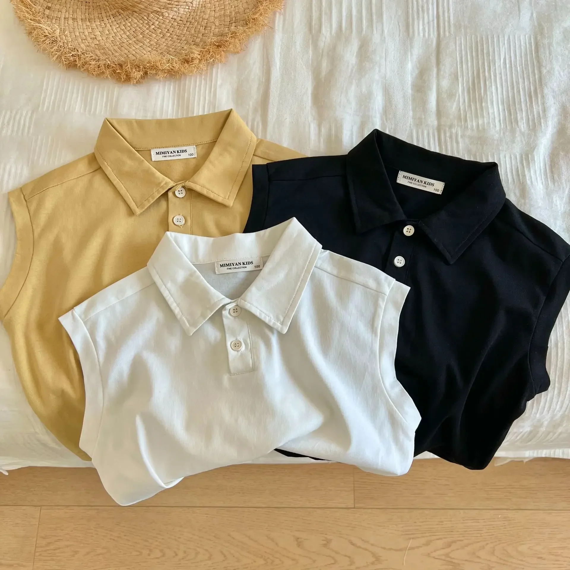 

Chen Ma Children's Polo Shirt 2024Summer New Boys and Girls Solid Color Polo Collar Sleeveless Vest Baby Vest Trendy Top