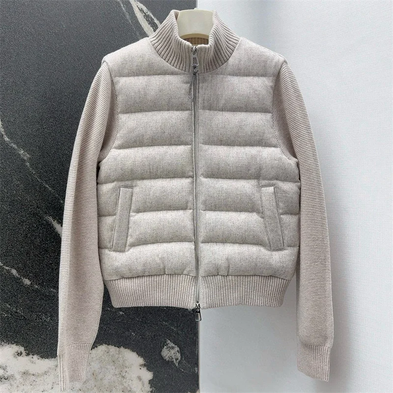 Dames donsjack 2025, winter nieuwe stretch gebreide halfhoge kraag met donsjassen witte eendendons vulling pufferjack vrouw