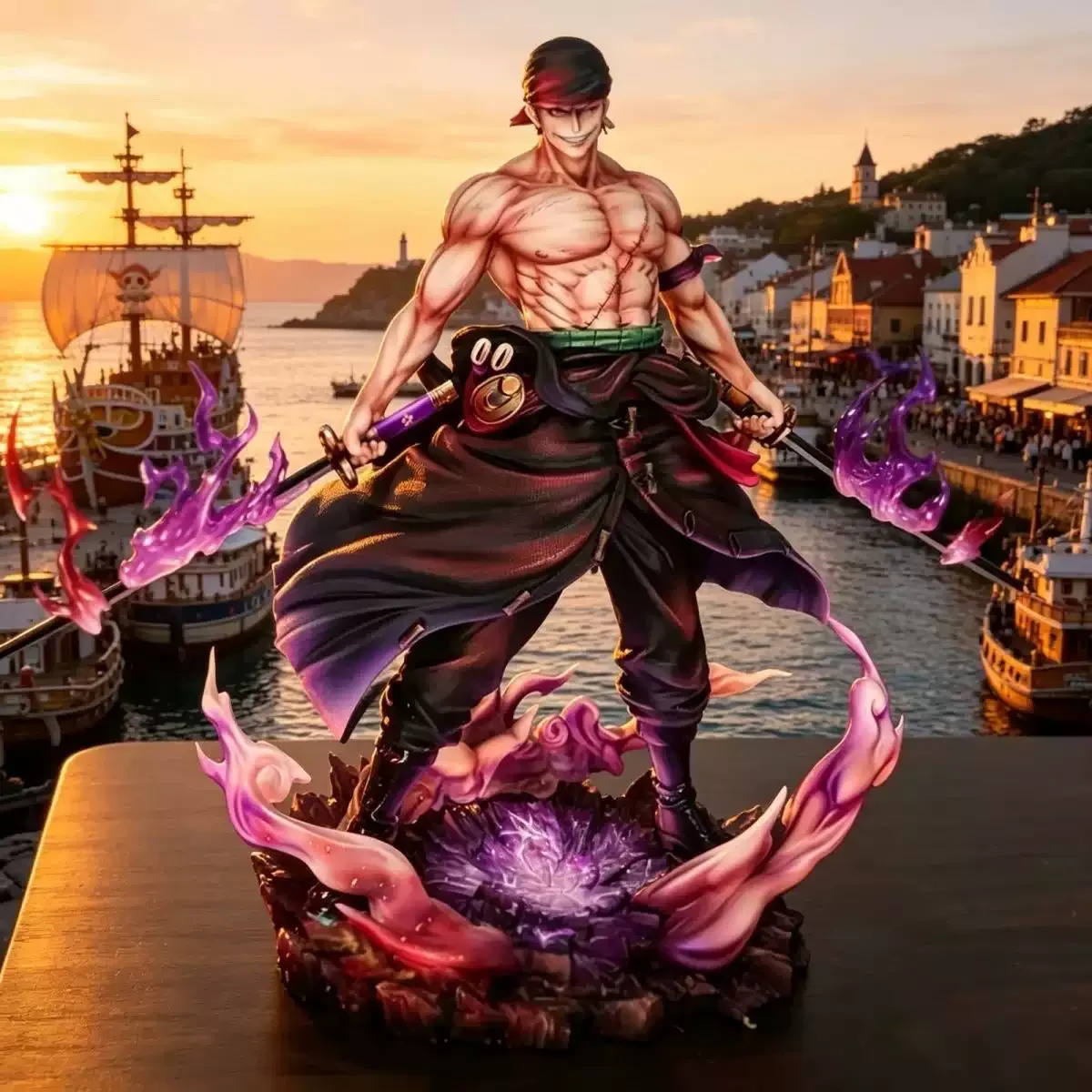 27cm/10,6 Zoll One Piece Roronoa Zoro 2.0 GK-Statue mit Magnetischem Doppelkopf-Skulptur, Fernbedienung, LED-Farbwechsel-Basis, Geburtstagsgeschenk