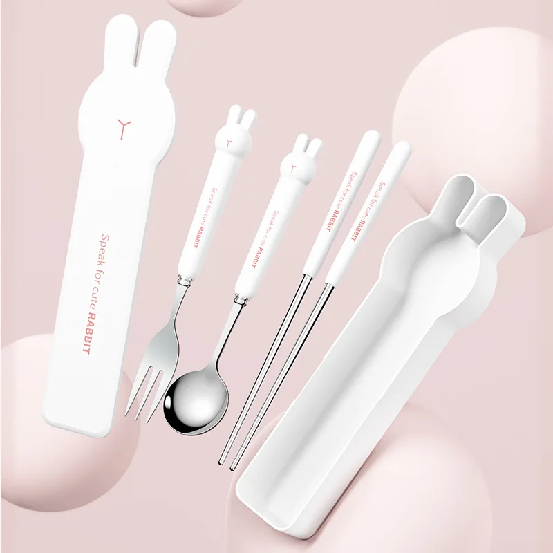 3pcs Kawaii Rabbit Cutlery Set Stainless Steel Fork Spoon Knife with Box Dinnerware Tableware Silverware Lunch Bento Accessories