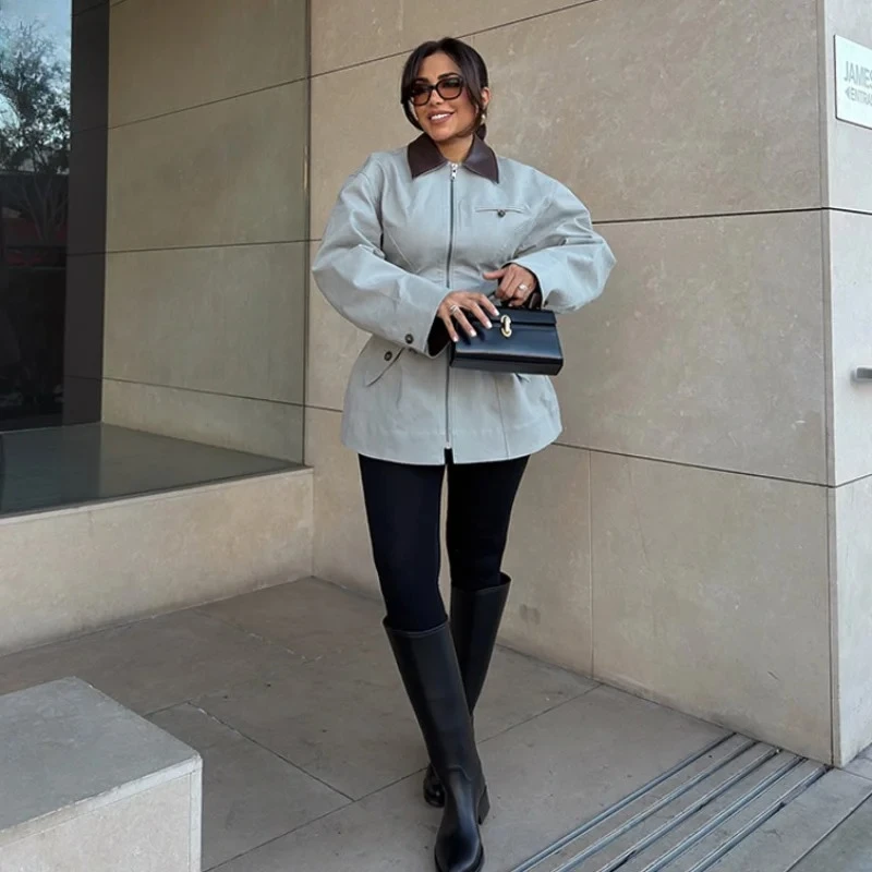 2026 Spring/Autumn New Women's Simple and Versatile Personalized Street Style Flip Collar Waist Short Zipper Fashion Jacket