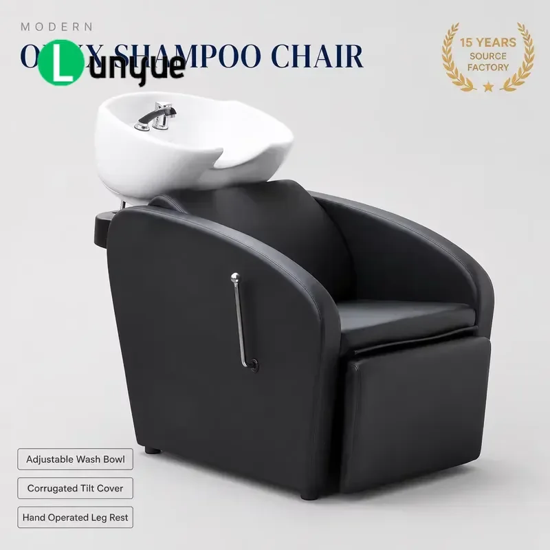 Shampoo Chair with Tilt Bowl Stand Vertical Post Frame Corrugated Hose Shield Embedded Connections Manual Leg